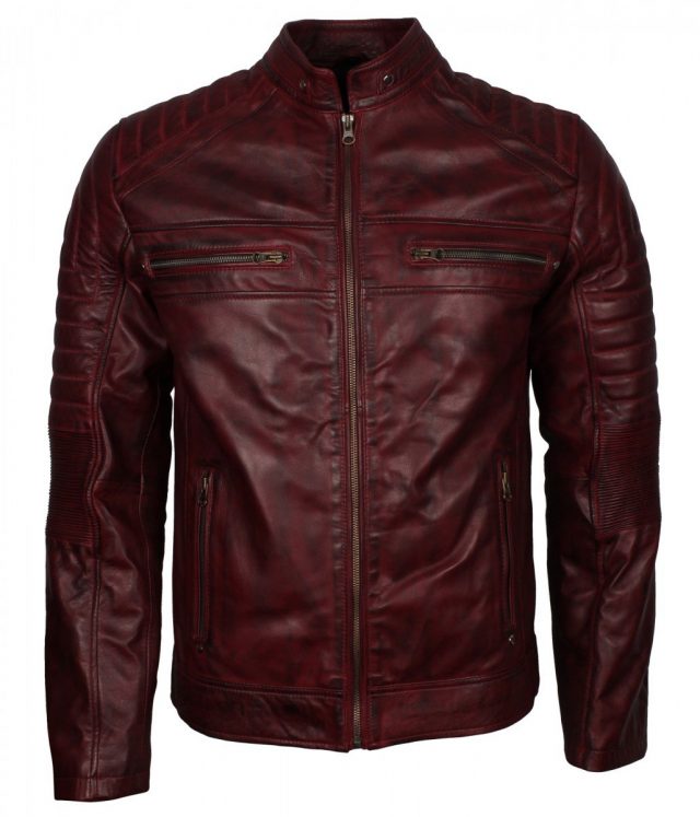 Maroon Waxed Biker Leather Jacket for Men - USA Leather Factory