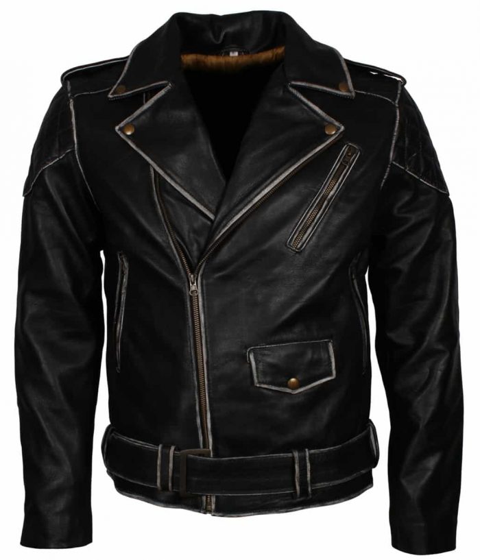 Distress Quilted Black Mens Leather Jacket