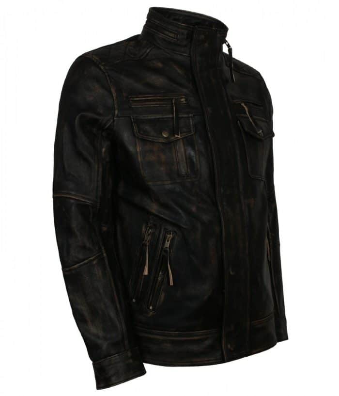 Mens Black Distressed Biker Jacket - USA Leather Factory