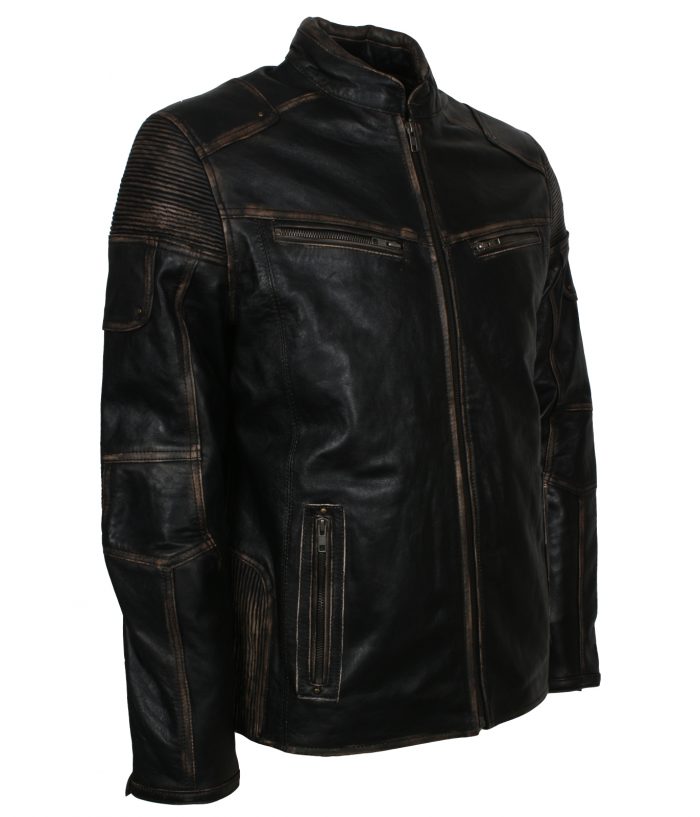 Men Distressed Black Vintage Biker Leather Jacket