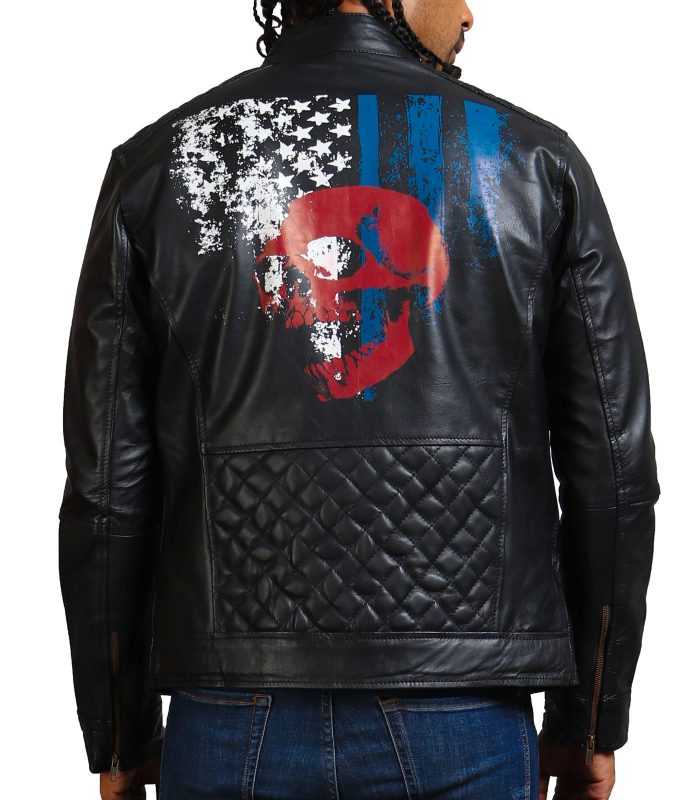 American Skull Men Cowhide Motorcycle Leather Jacket Sale