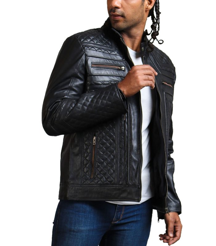 Classic Men Black Quilted Motorcycle Leather Jacket