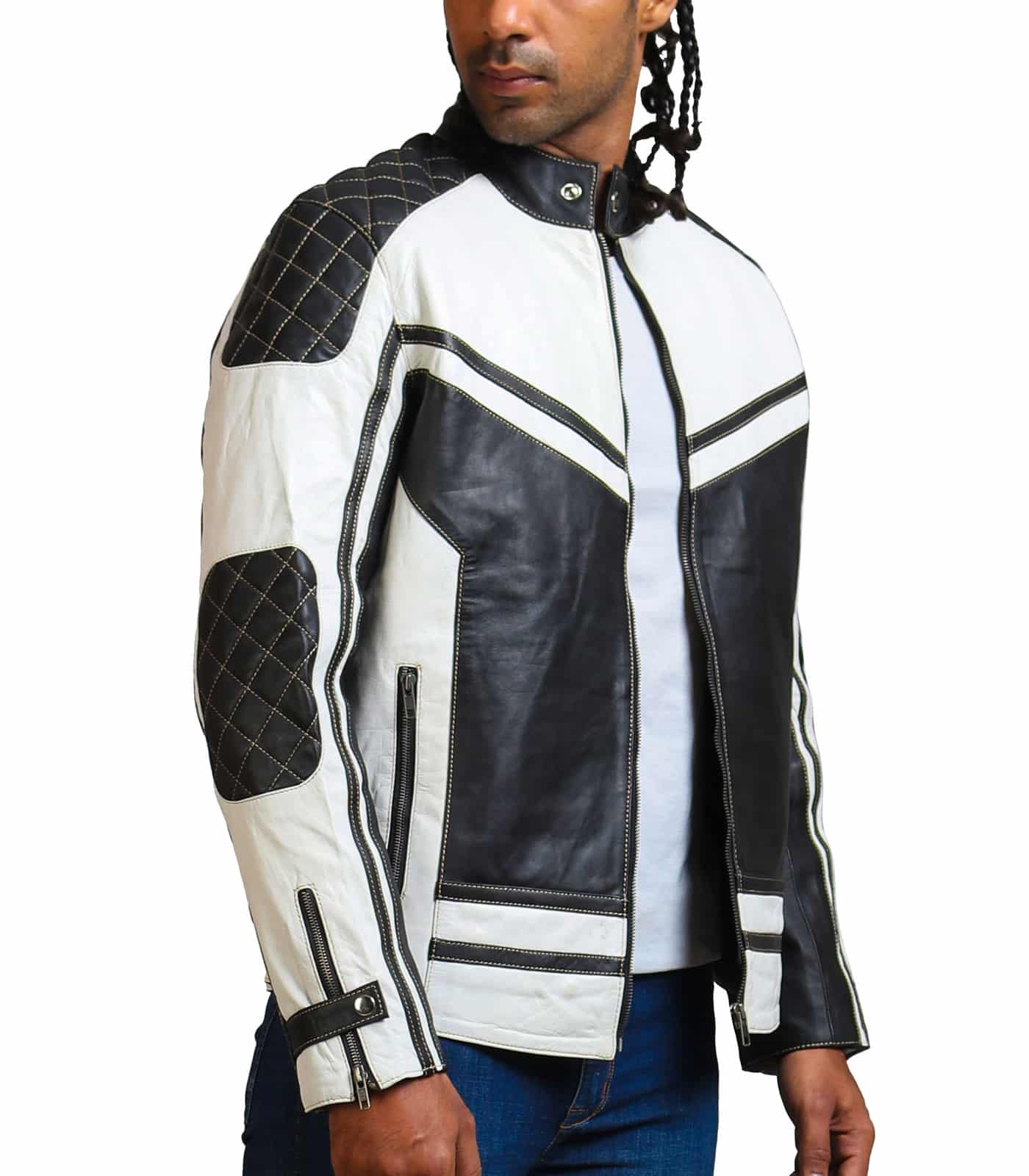 Men White and Black Quilted Leather Jacket - USA Leather Factory