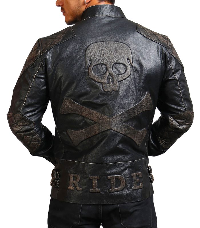 Men Cowhide Black Skull Motorcycle Leather Jacket