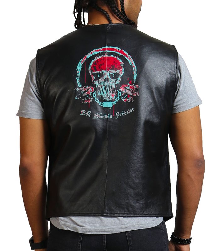 Blood Skull Printed Men Black Leather Vest