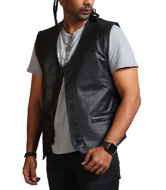 Blood Skull Printed Men Black Leather Vest