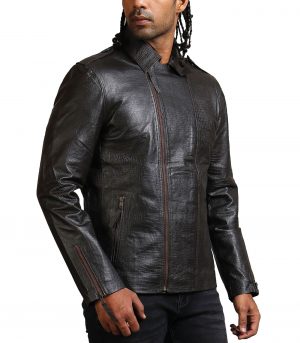 Snake Embossed Men Black Leather Jacket