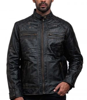 Men Distressed Black Leather Biker Jacket Online