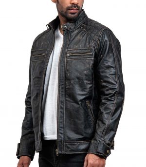 Men Distressed Black Leather Biker Jacket For Sale USA