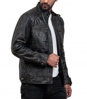 Men Distressed Black Leather Biker Jacket USA