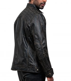 Men Distressed Black Leather Biker Jacket - Image 5