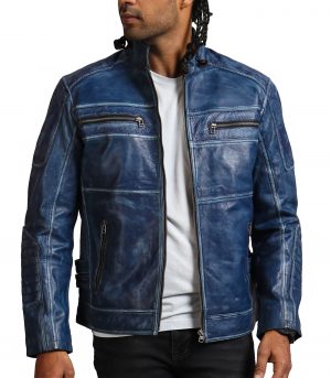 Mens Blue Cafe Racer Leather Jacket