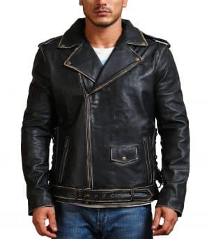 Double Sword Skull Black Distressed Leather Jacket