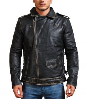 Double Sword Skull Black Distressed Leather Jacket