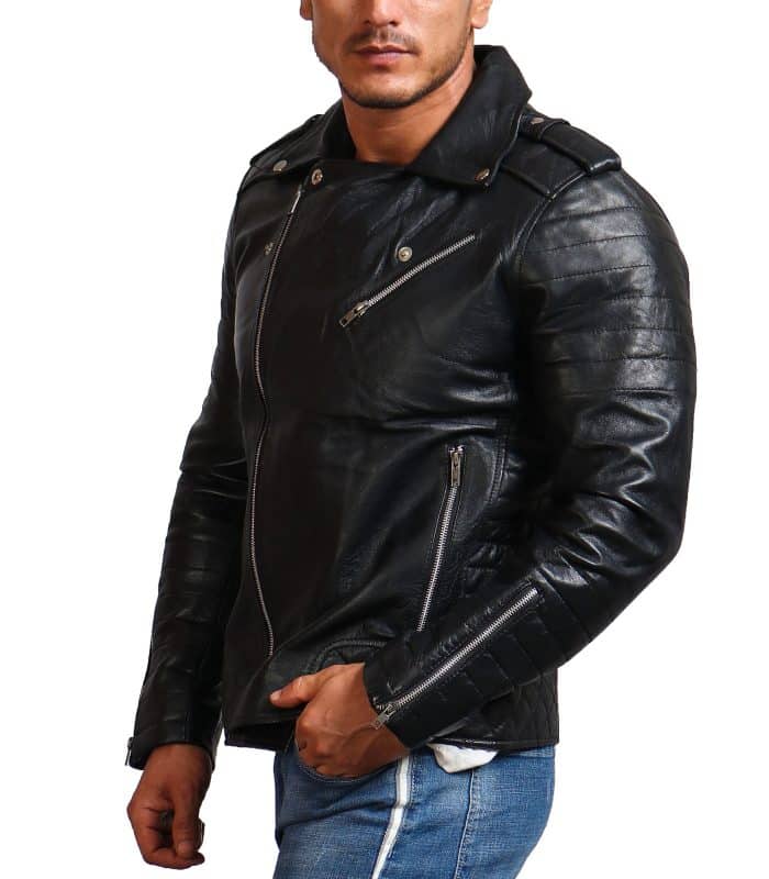 Buy Boda Black Cowhide Biker Leather Jacket for Men | USA Leather Factory