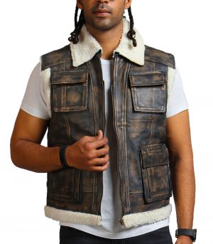 Men Brown Waxed Fur Leather Vest