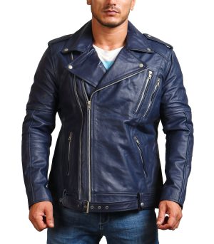 Blue Brando Double Zipper Men's Biker Leather Jacket