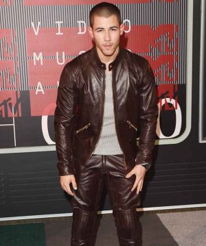 nick-jonas-Brown-leather-jacket