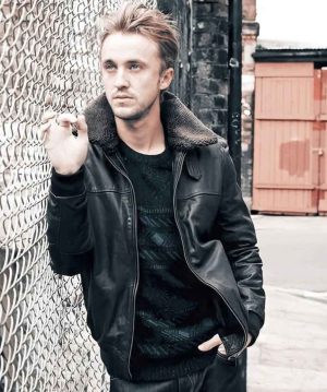 Tom Felton Black Fur Collar Leather Jacket