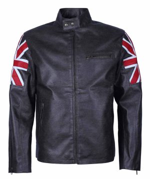 UK Flag Cafe Racer Men Black Faux Leather Jacket