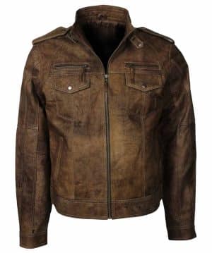 Men Brown Short Distressed Leather Jacket Online