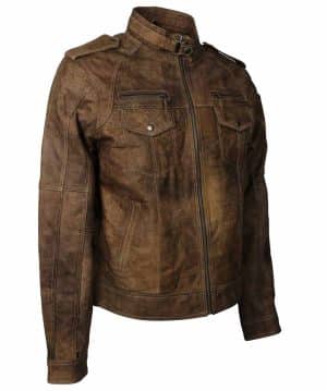 Men Brown Short Distressed Leather Jacket Online USA