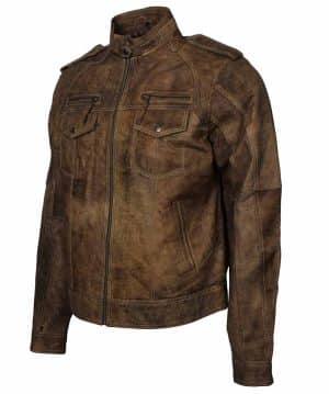 Men Brown Short Distressed Leather Jacket Sale