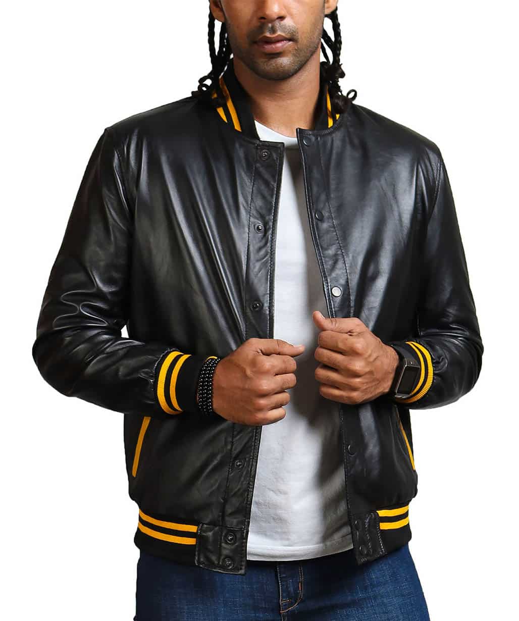 USA Leather Factory Men Black and Yellow Bomber Leather Jacket