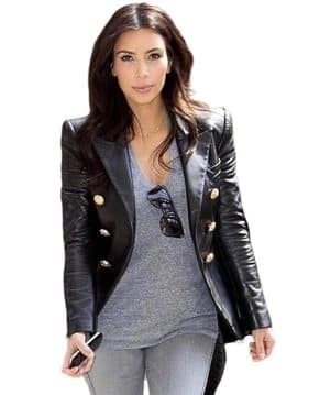 Kim Kardashian Double Breasted Black Leather Blazer