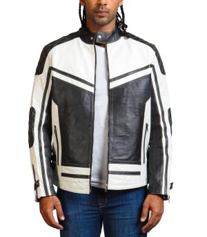 Men White Quilted Leather Jacket Size Large