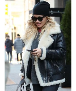 RITA ORA LEATHER FAUX SHEARLING BLACK JACKET