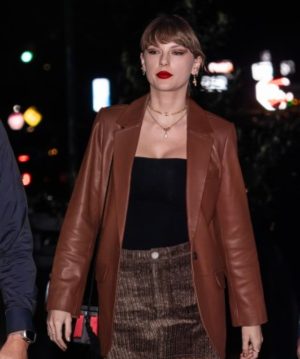 Taylor-Swift-Brown-Leather-Coat