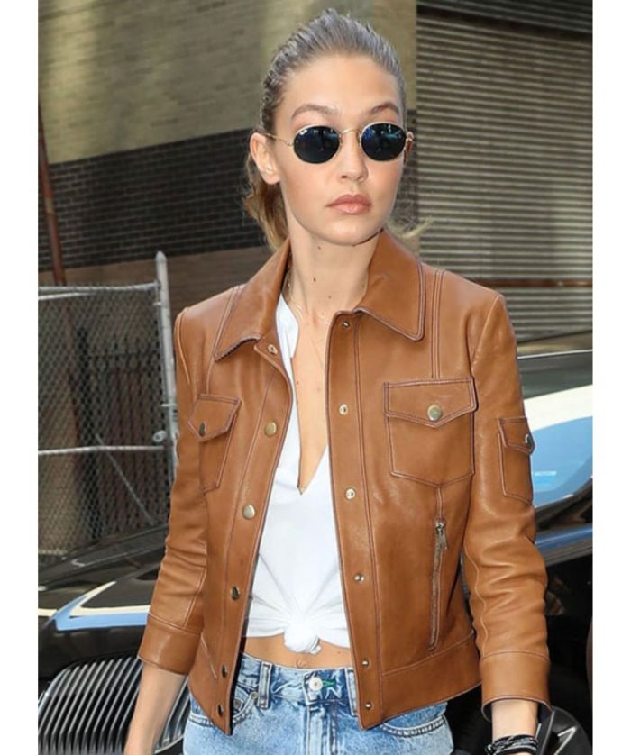 Gigi-Hadid-Brown-Leather-Jacket