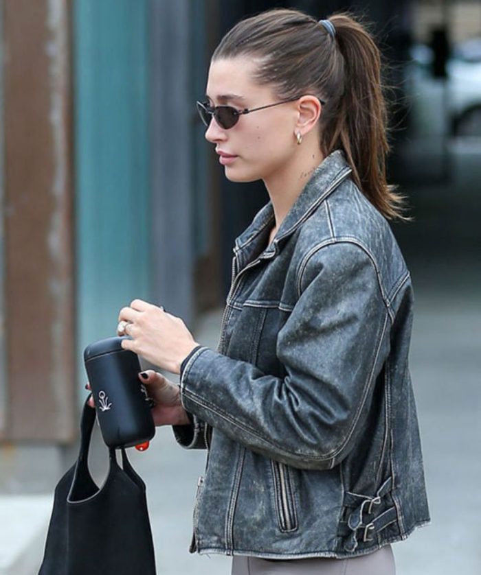 Hailey-Bieber-Black-Leather-Jacket