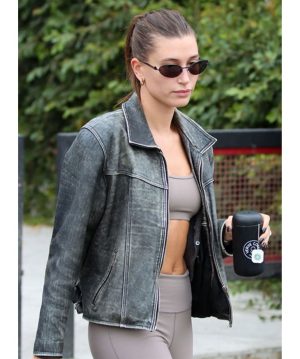 Hailey-Bieber-Distressed-Leather-Jacket