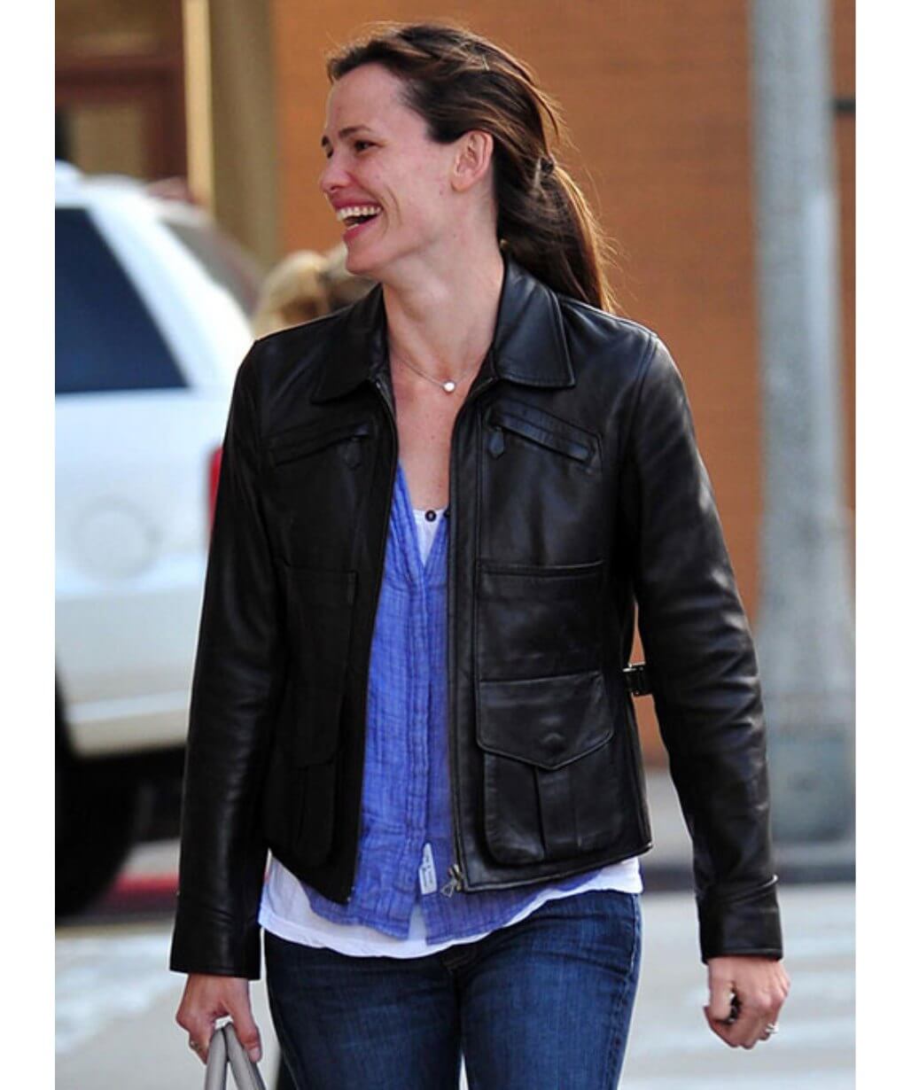 Jennifer Garner Black Trucker Leather Jacket - USA Leather Factory