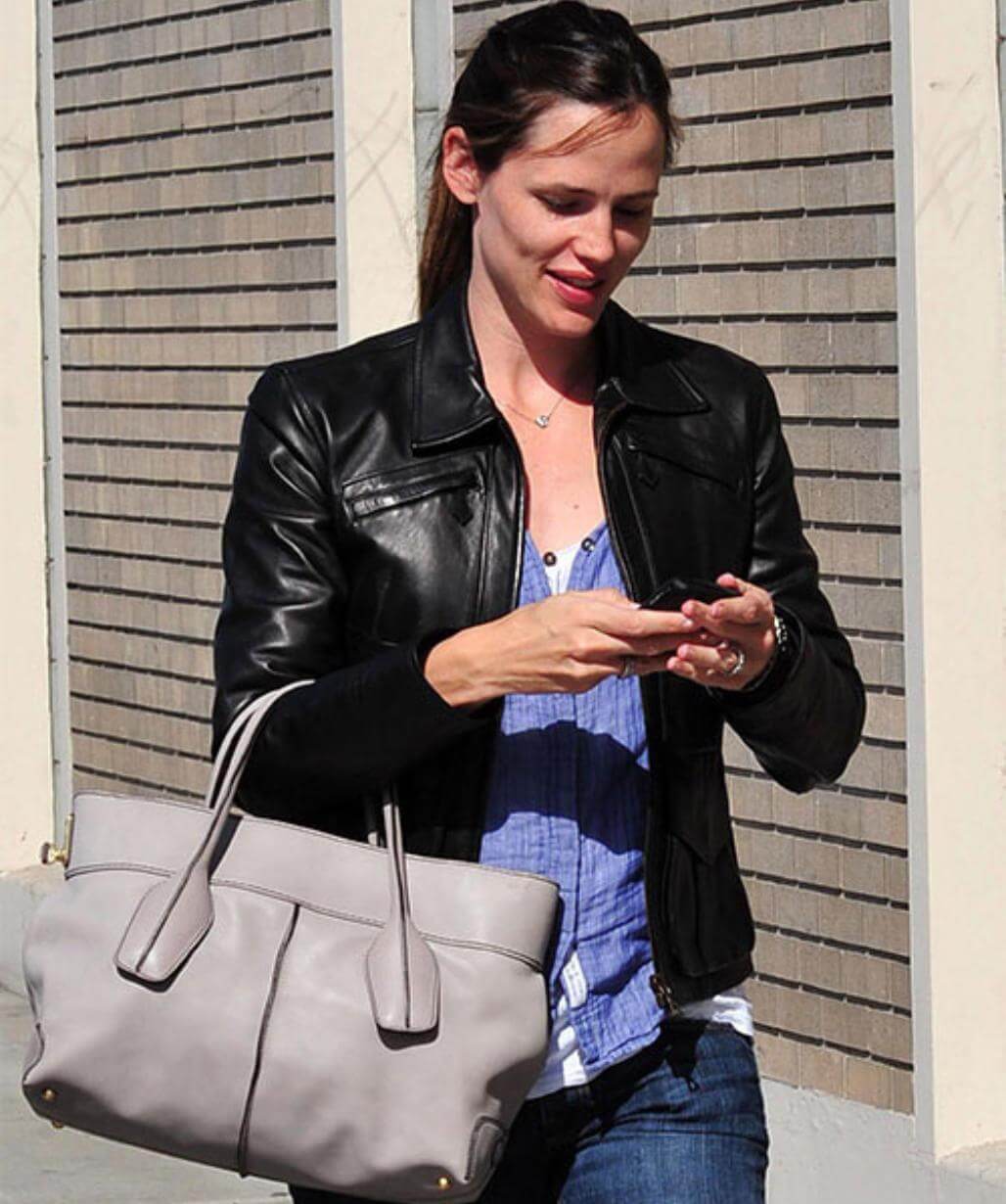 Jennifer Garner Black Trucker Leather Jacket - USA Leather Factory