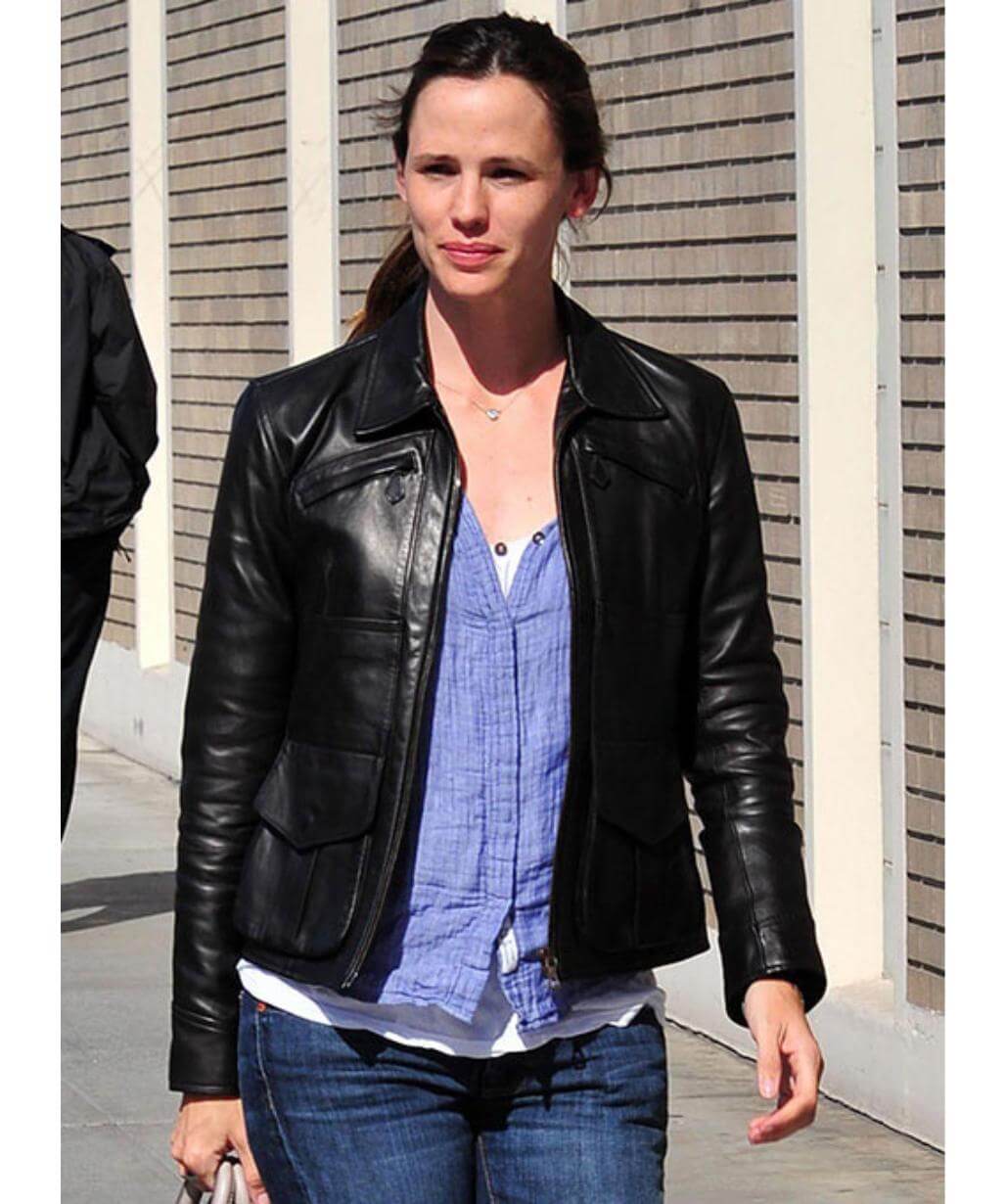 Jennifer Garner Black Trucker Leather Jacket - USA Leather Factory