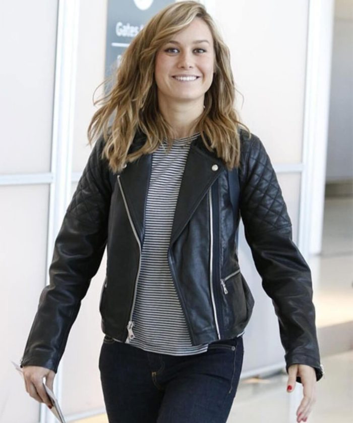 Brie Larson Black Quilted Shoulders Leather Jacket