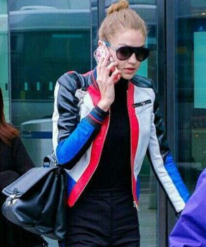 Gigi Hadid Multi Color Biker Leather Jacket Women Sale