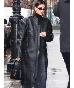 Hailey Bieber Black Trench Leather Coat