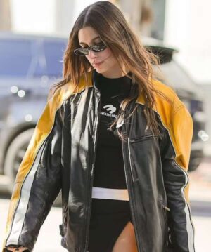 Hailey Bieber Black and Yellow Biker Leather Jacket