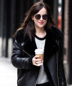 Dakota Johnson Black Shearling Leather Jacket