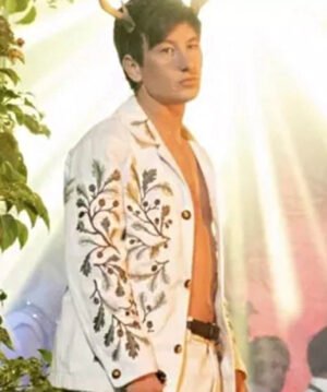 Barry Keoghan Saltburn Oliver Quick Green Leaf Embroidery White Jacket