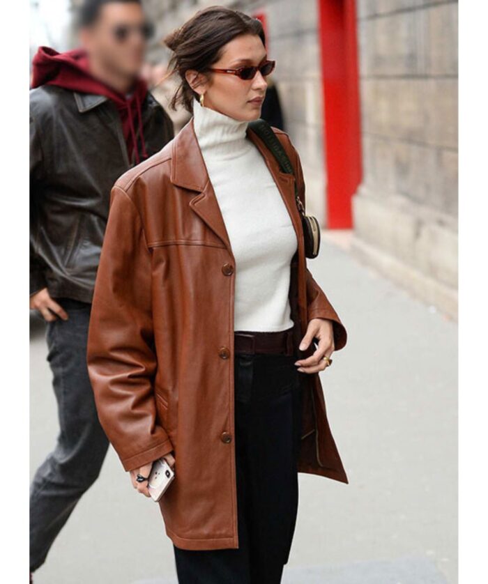 Bella Hadid Leather Brown Coat